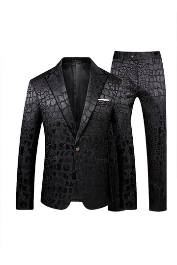 Black Jacquard Peak Lapel One Button 2 Piece Men's Suit